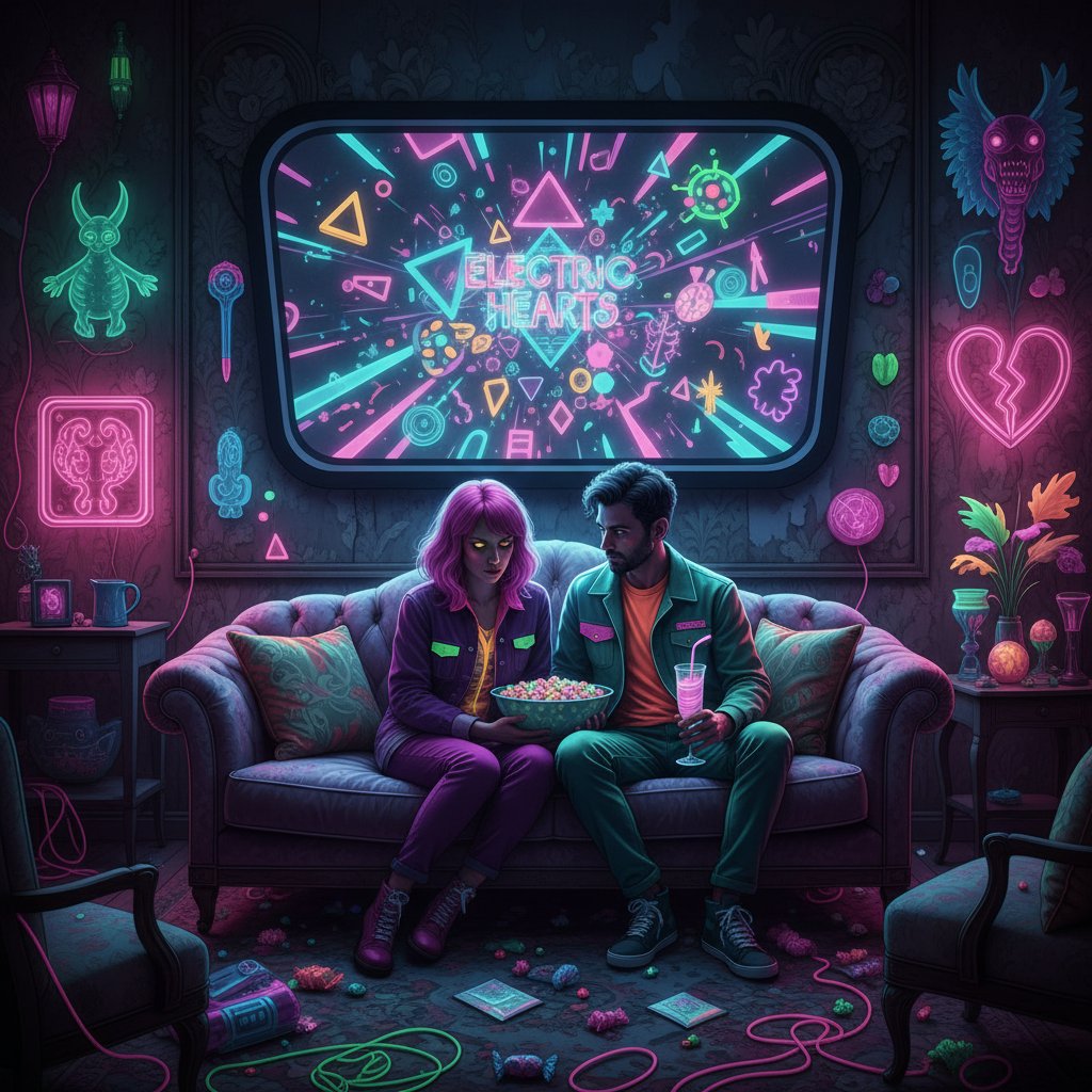 Stylish scene: couple transfixed by a cult classic with neon colors during an unconventional romantic movie night