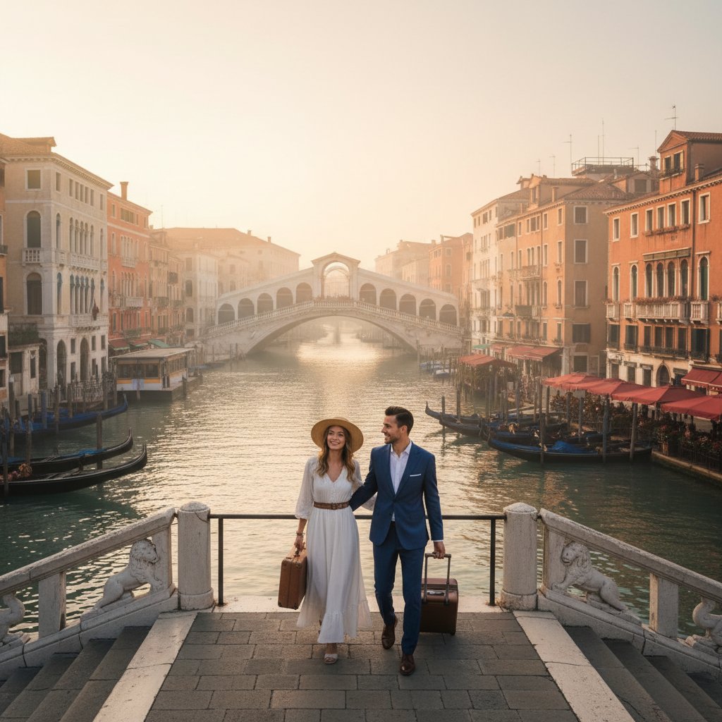 Para na moście weneckim o poranku, walizki, oczekiwanie na nową przygodę