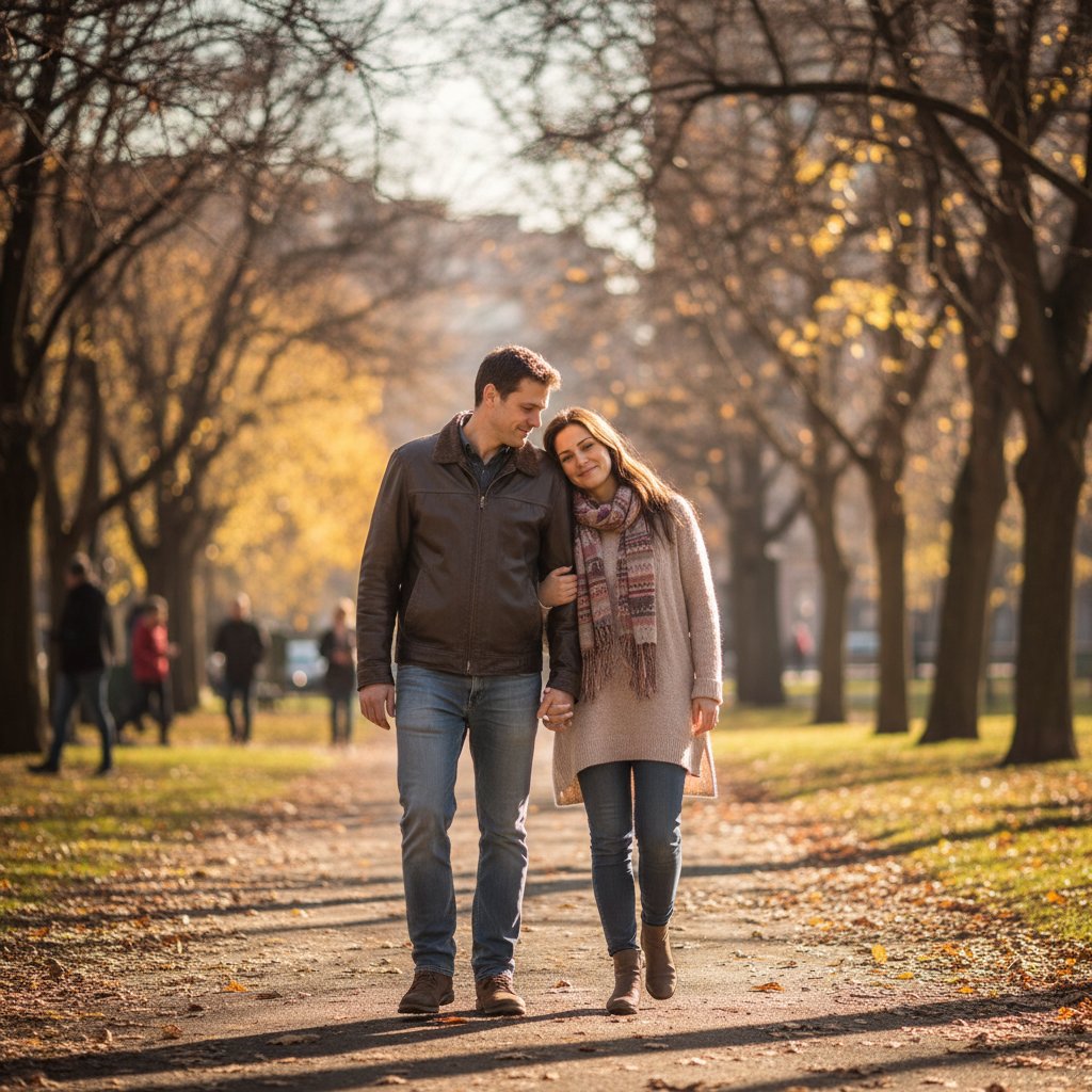 Para spacerująca powoli przez park, budowanie relacji demiseksualnej