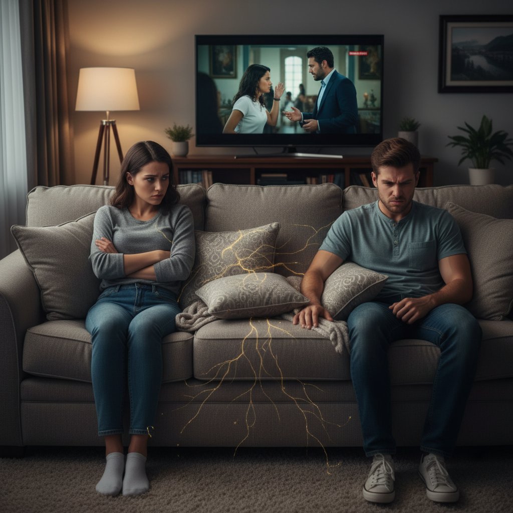 Moody photo showing a couple watching TV in separate rooms, both visibly tense, symbolizing relationship drift and resilience