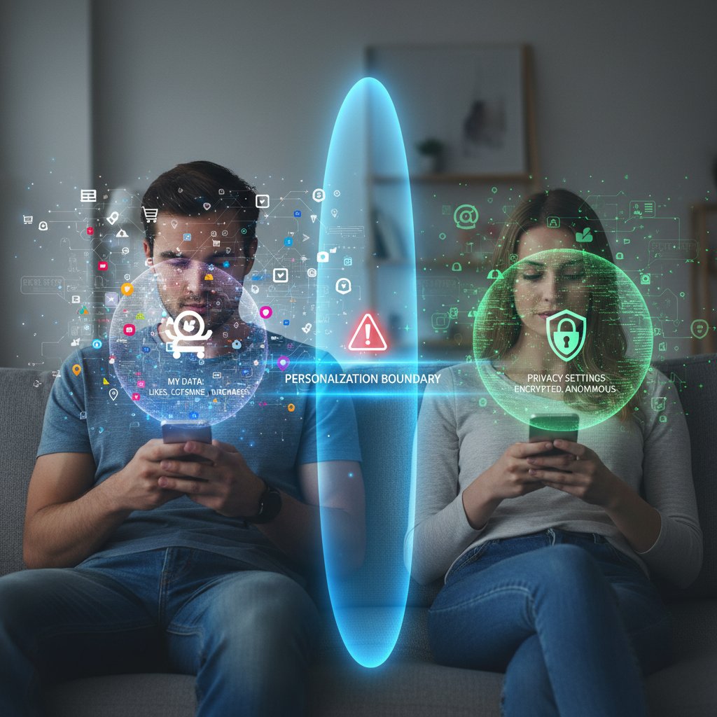 Para siedząca z telefonami, wokół nich wizualizacje danych osobowych – granica prywatności w reklamie online