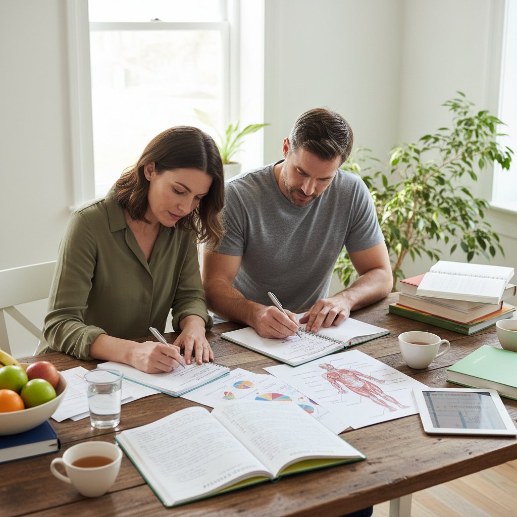 Para spisująca notatki zdrowotne przy kuchennym stole, światło dzienne, słowa kluczowe: zdrowie, notatki, analiza, checklist