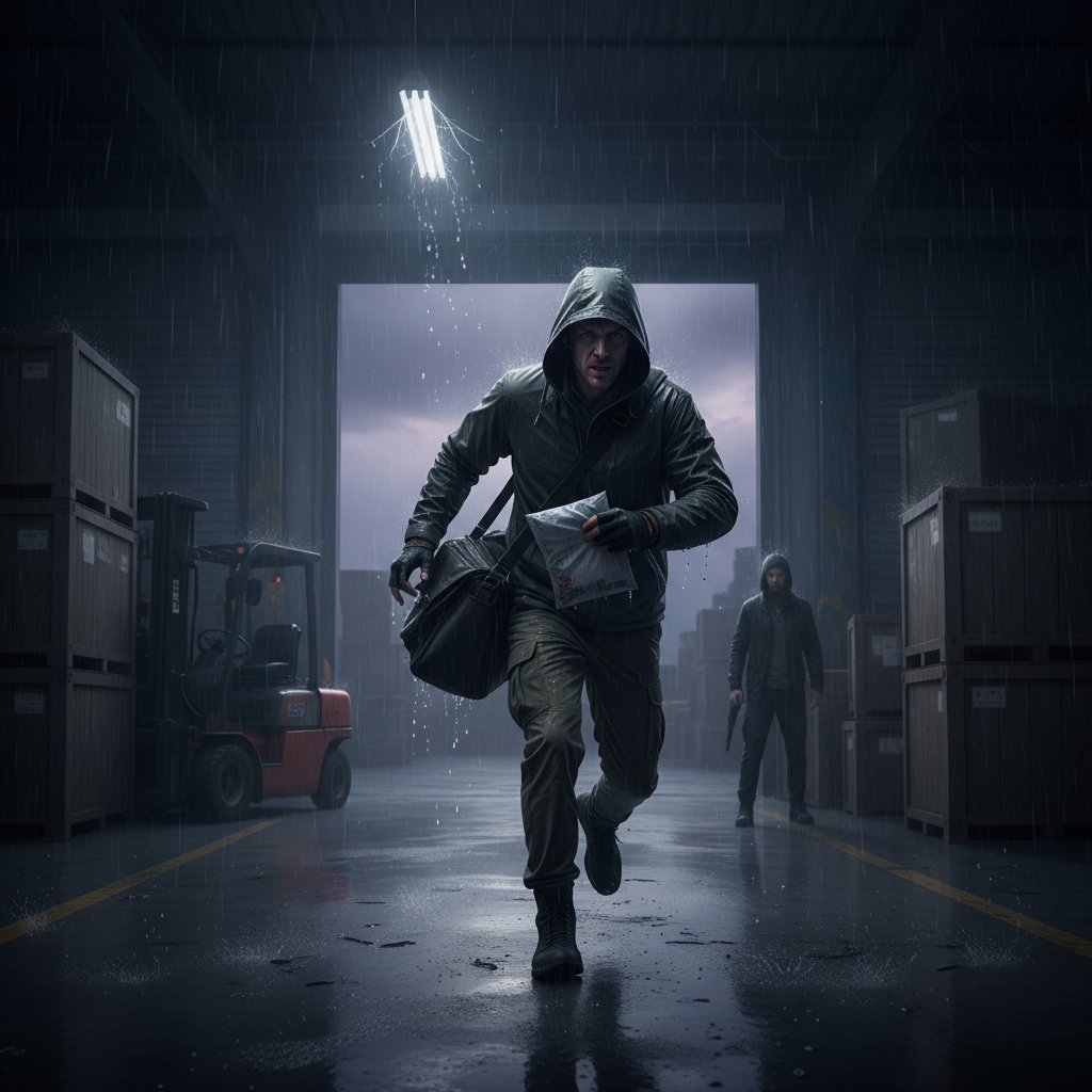 Kuriera rozmawiającego przez telefon na tle zatłoczonego magazynu, deszcz, wieczór, intensywna atmosfera