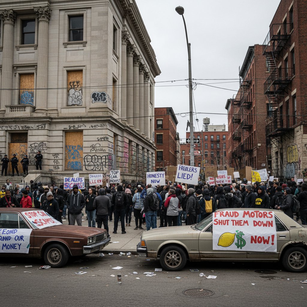 Photo of a courthouse with protestors holding car-related signs, gritty urban style, symbolizing car dealership scams and fight for justice