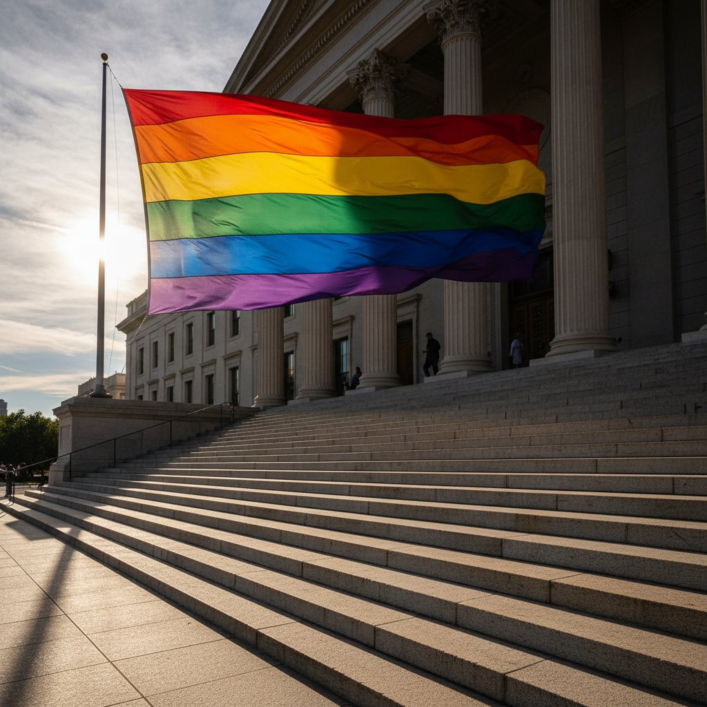Schody sądu z cieniem tęczowej flagi, symbol walki o równość prawną