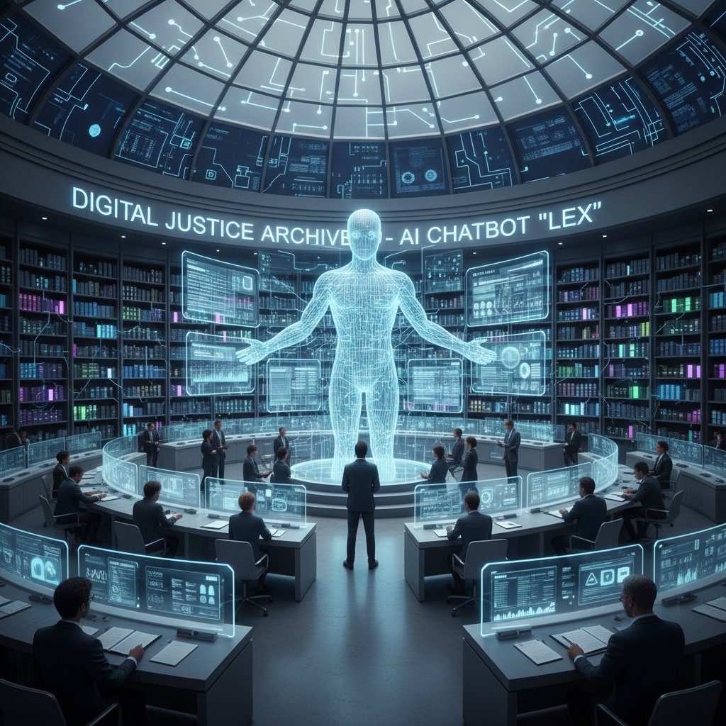 Sala sądowa z cyfrowymi archiwami i chatbotem AI