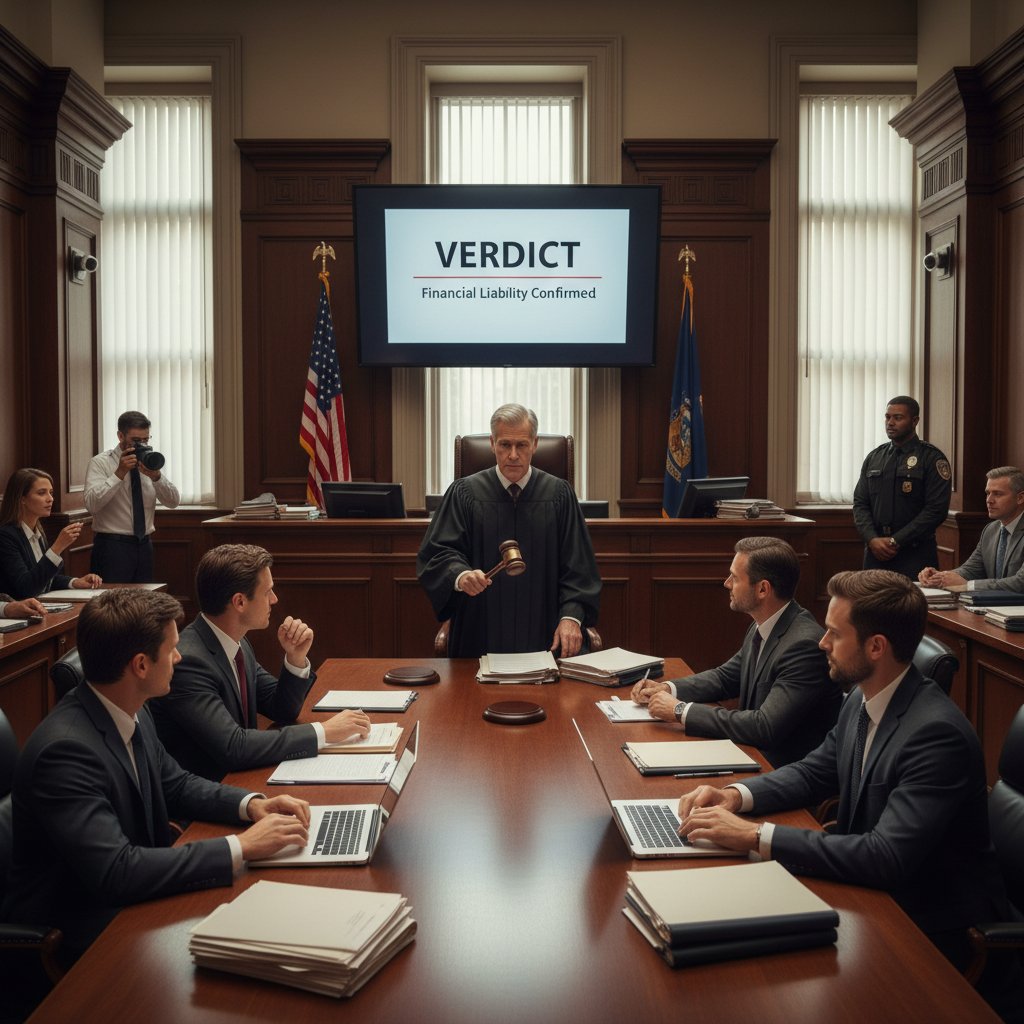 Sala sądowa, sędzia wydaje wyrok, atmosfera powagi i niepewności