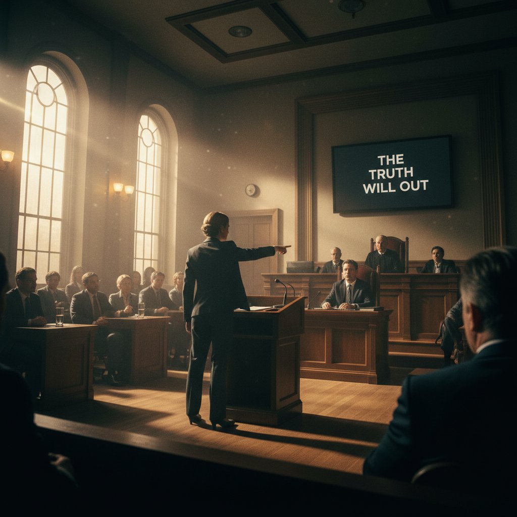 Scene from a dramatic courtroom movie, symbolizing the pursuit and distortion of truth in cinema