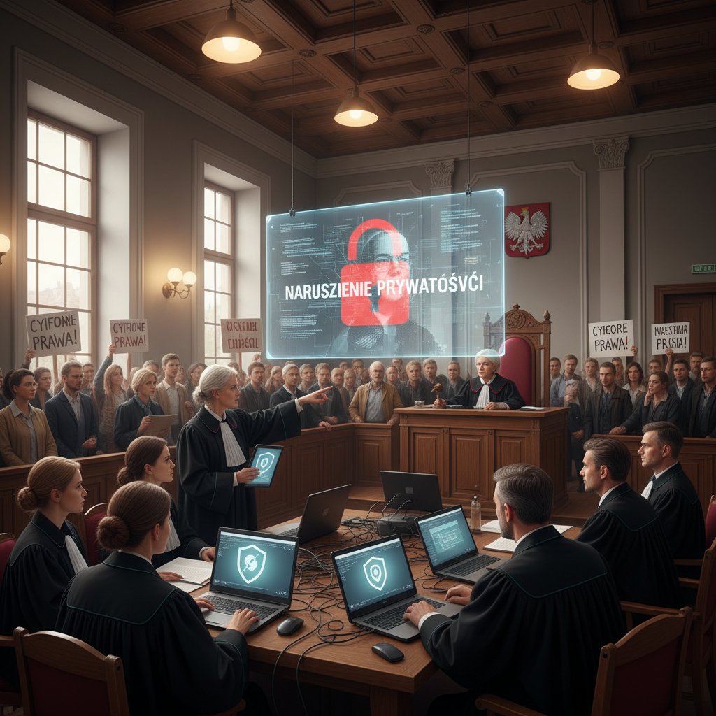 Sala sądowa podczas procesu o naruszenie prywatności cyfrowej – kontrowersje w Polsce