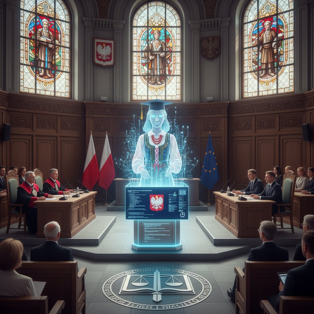 Sala sądowa z komputerami, nauczycielka prowadzi lekcję z użyciem AI – AI w polskich instytucjach