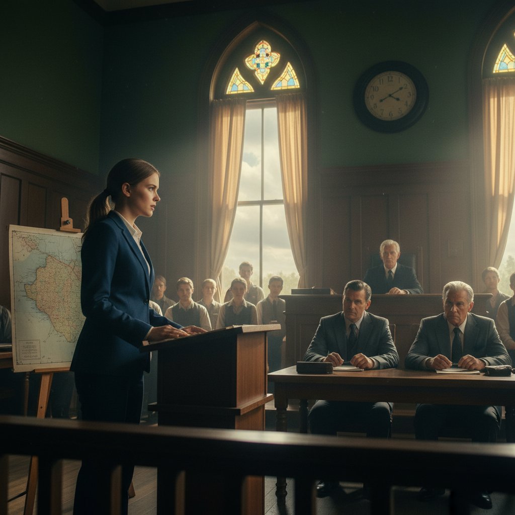 Courtroom scene from a film based on a real-life corruption case