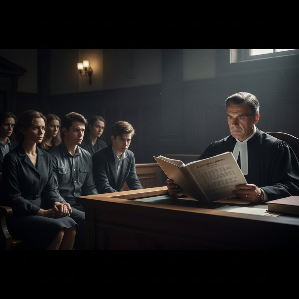 Sędzia analizujący opinię psychologiczną podczas rozprawy