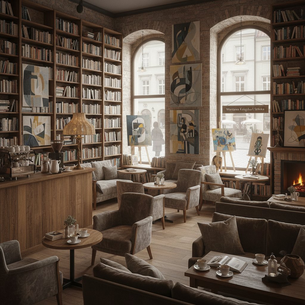 Księgarnio-kawiarnia z wystawą sztuki w Warszawie
