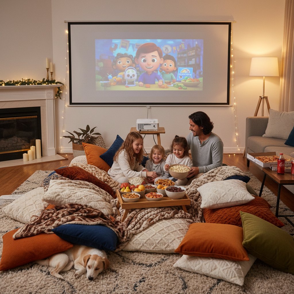 Cozy family movie night setup with snacks, projector, and pillows