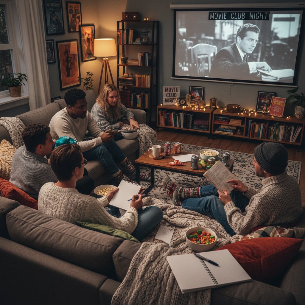 Cozy group watching a movie together, taking notes and sharing snacks