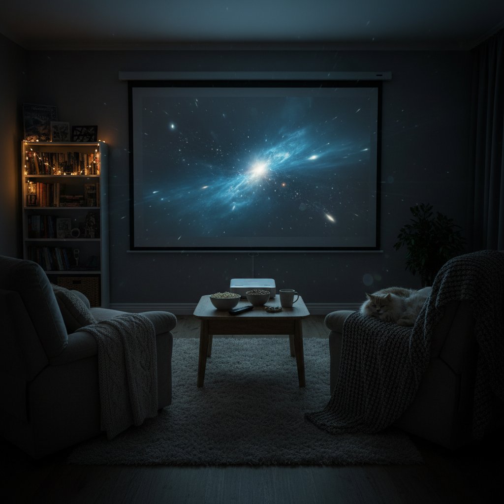 Cozy but dramatic home screening setup, plush seats, screen glowing, moody lighting