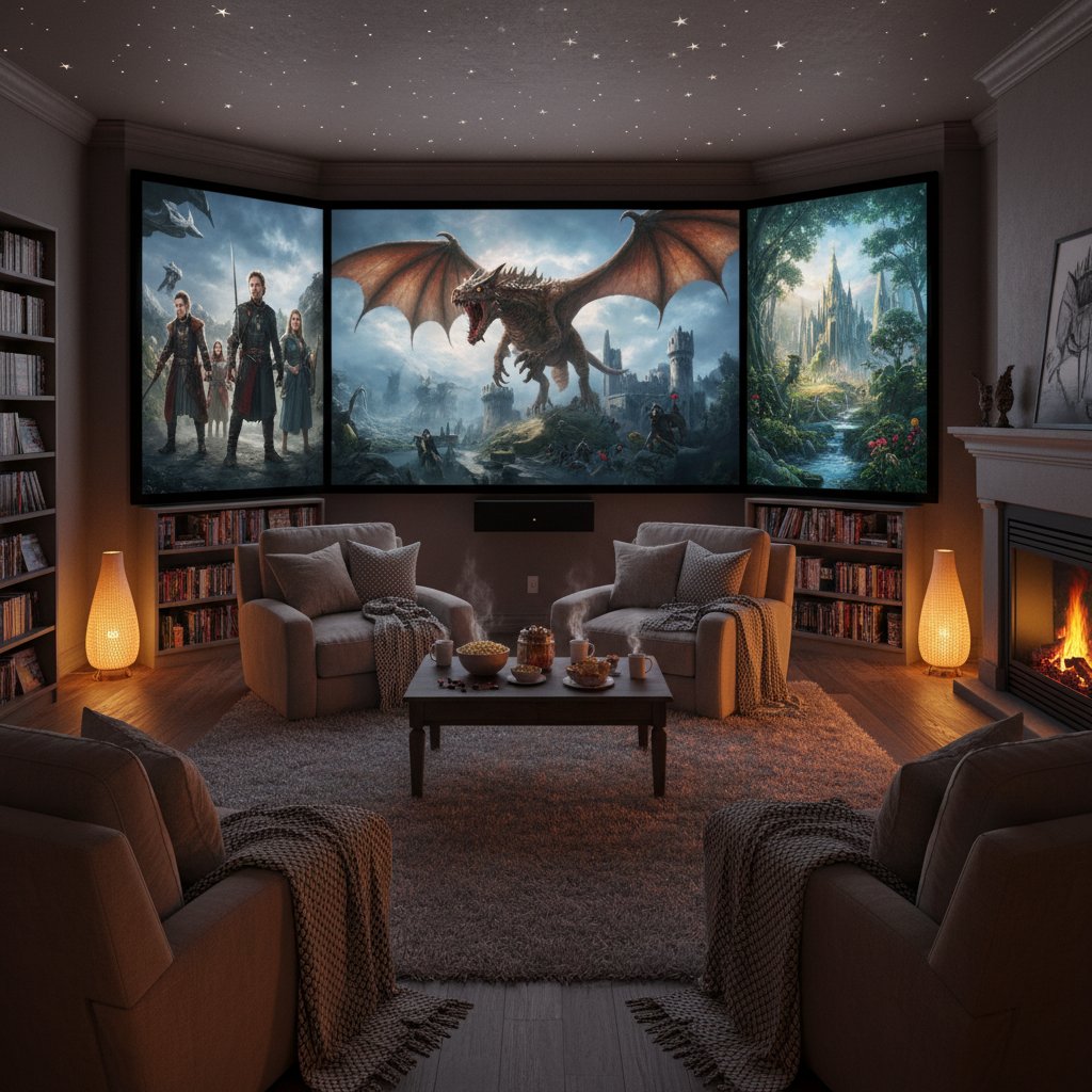 A cozy home theater setup with three screens displaying related movie scenes, surrounded by film memorabilia, setting the stage for a triptych marathon