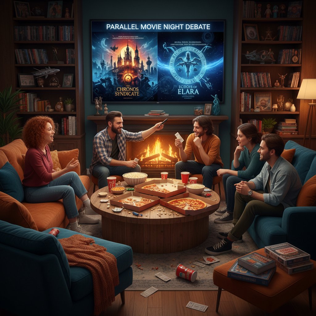 Cozy living room with friends debating and watching parallel universe movies, vibrant mood, personal movie assistant guide