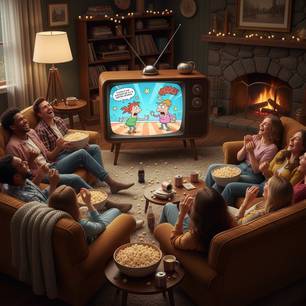 Cozy living room with friends laughing, retro TV showing a 2D comedy movie, popcorn everywhere