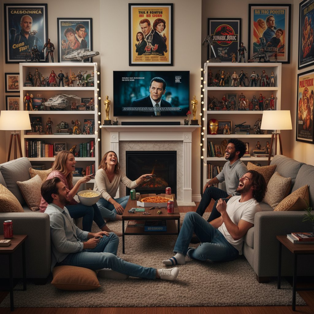 Friends watching rare comedy movies at home, popcorn and laughter filling the room, creating a cozy rare comedy movie night vibe