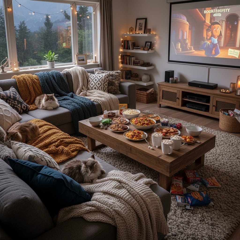 Cozy living room set up for movie night, blankets, snacks, projector glow, inviting vibe, 16:9