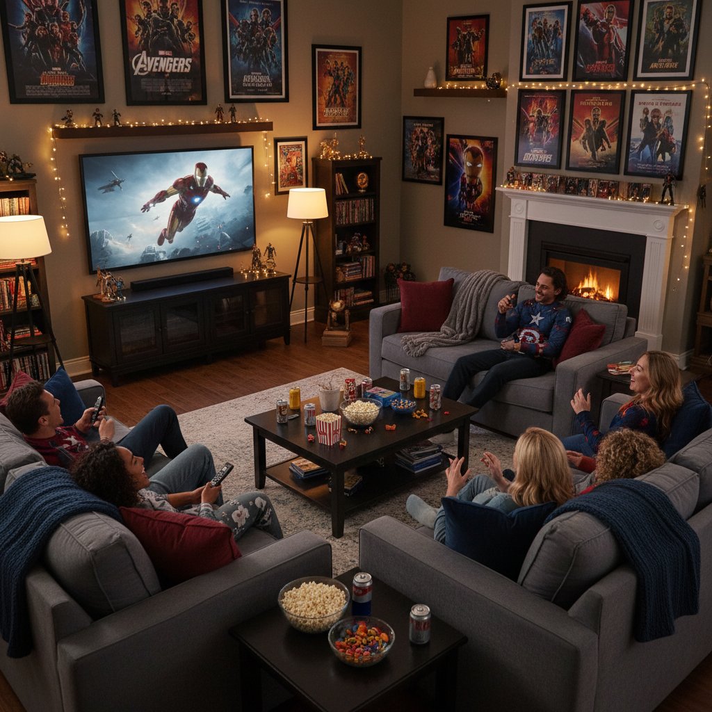 Friends watching MCU movies in creative order at home, lively scene, cozy living room setup