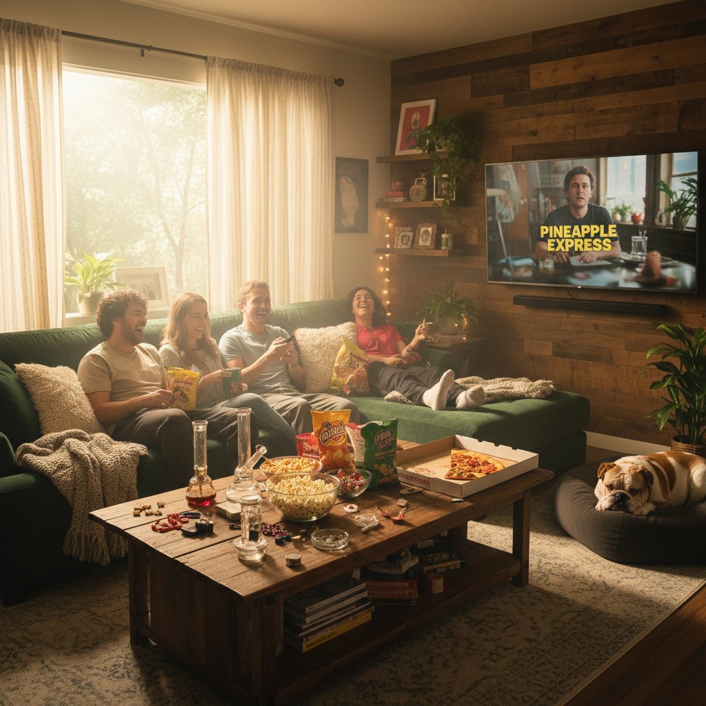 Cozy living room with snacks and stoner comedy movie on screen