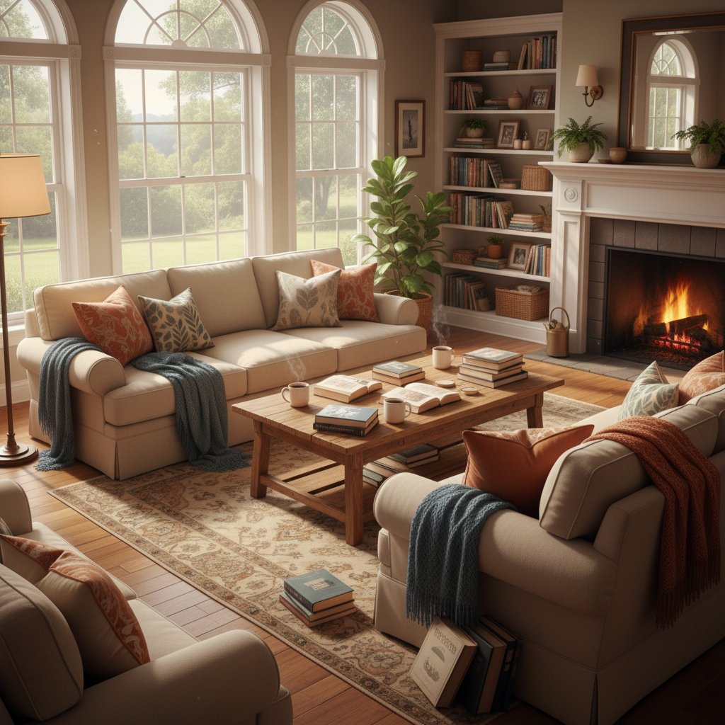 Iconic cozy living room inspired by Nancy Meyers movies, sunlit, plush sofas, books, and coffee mugs