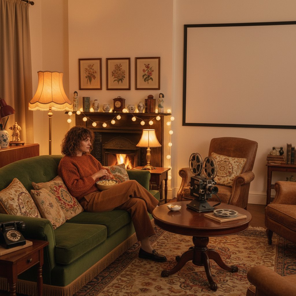 Cozy living room with vintage decor, projector setup, friends in retro attire, warm lighting