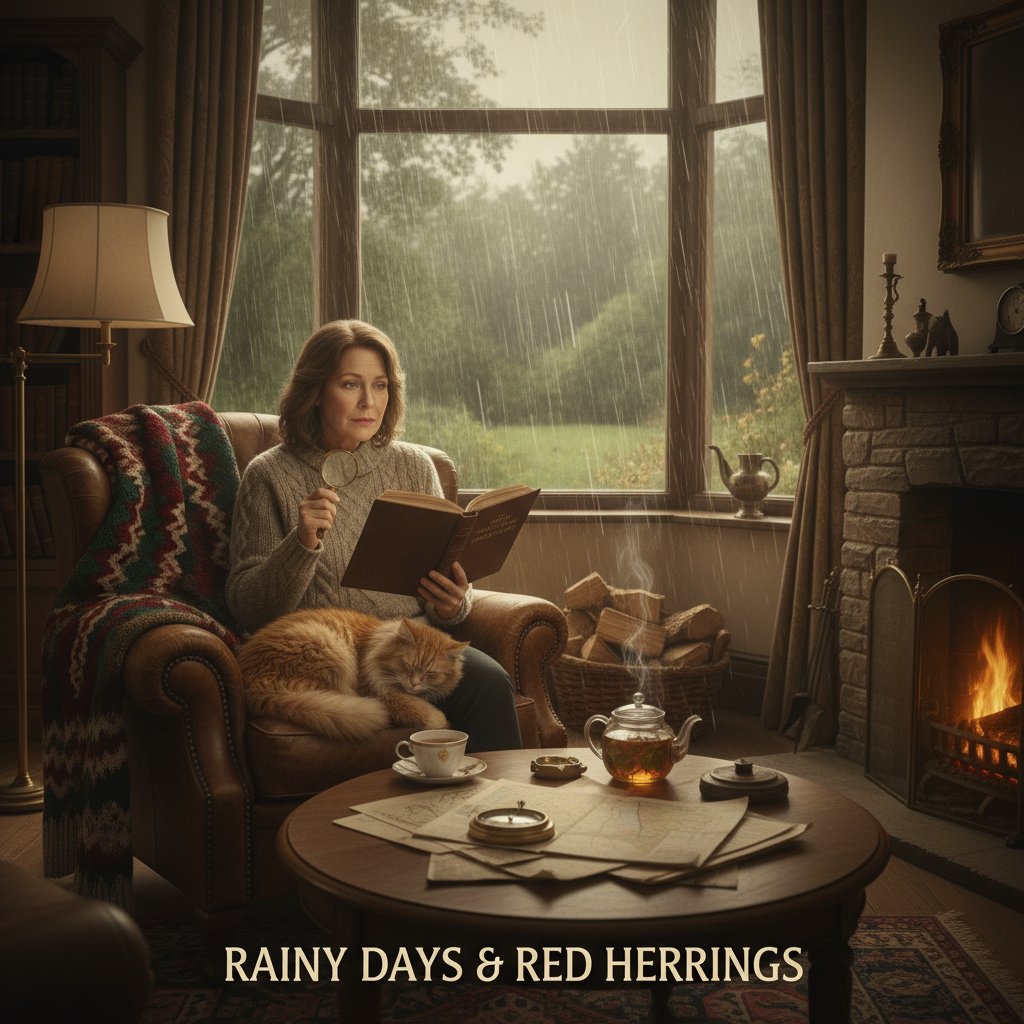 Person watching a cozy mystery movie on TV in a warm-lit living room, rain outside, curled up in a blanket