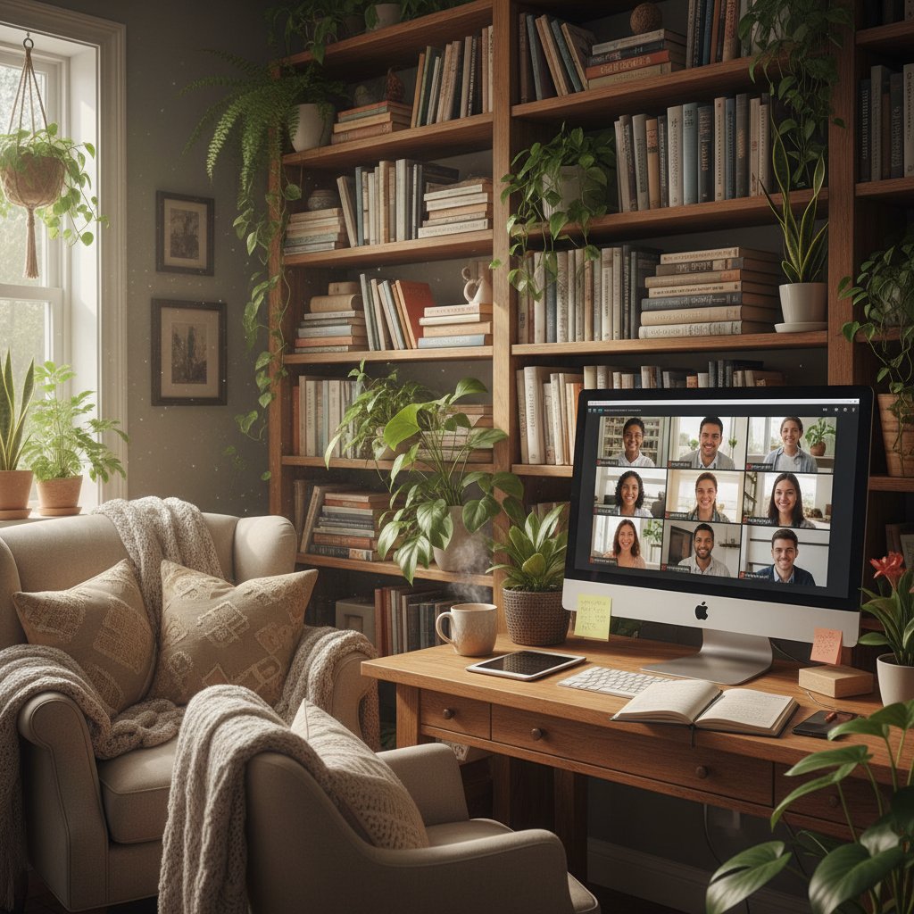 Przytulny gabinet z książkami i roślinami – symbol bezpiecznego wsparcia dla pacjentów