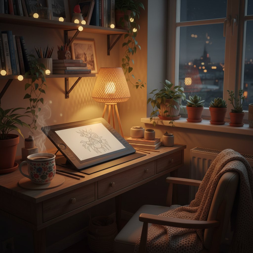 Przytulny polski kącik do nauki, tablet graficzny, stylowe oświetlenie, rośliny, kubek kawy