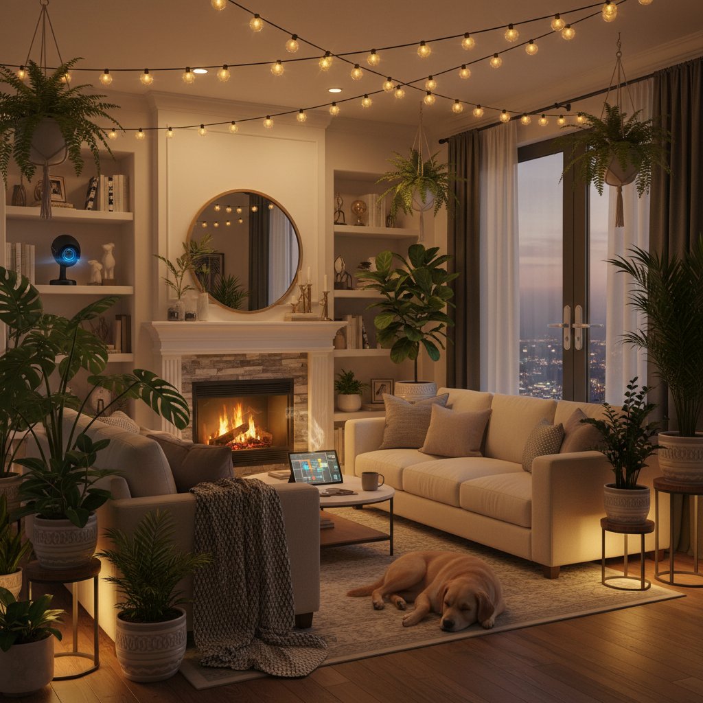 Przytulnie urządzony pokój, wieczór, miękkie światło, rośliny, poczucie bezpieczeństwa