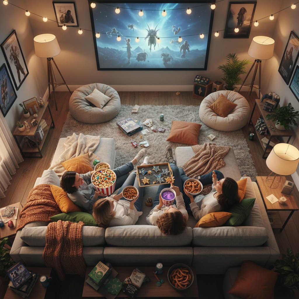 Cozy movie night setup with themed snacks for a sisterhood movie marathon