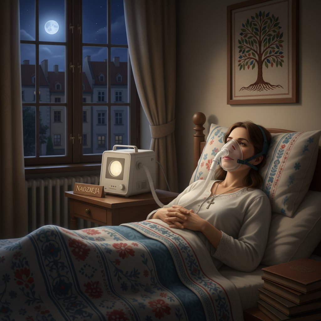 Nocna scena, osoba z maską CPAP patrzy w sufit, emocje niepewności i nadziei, polska sypialnia