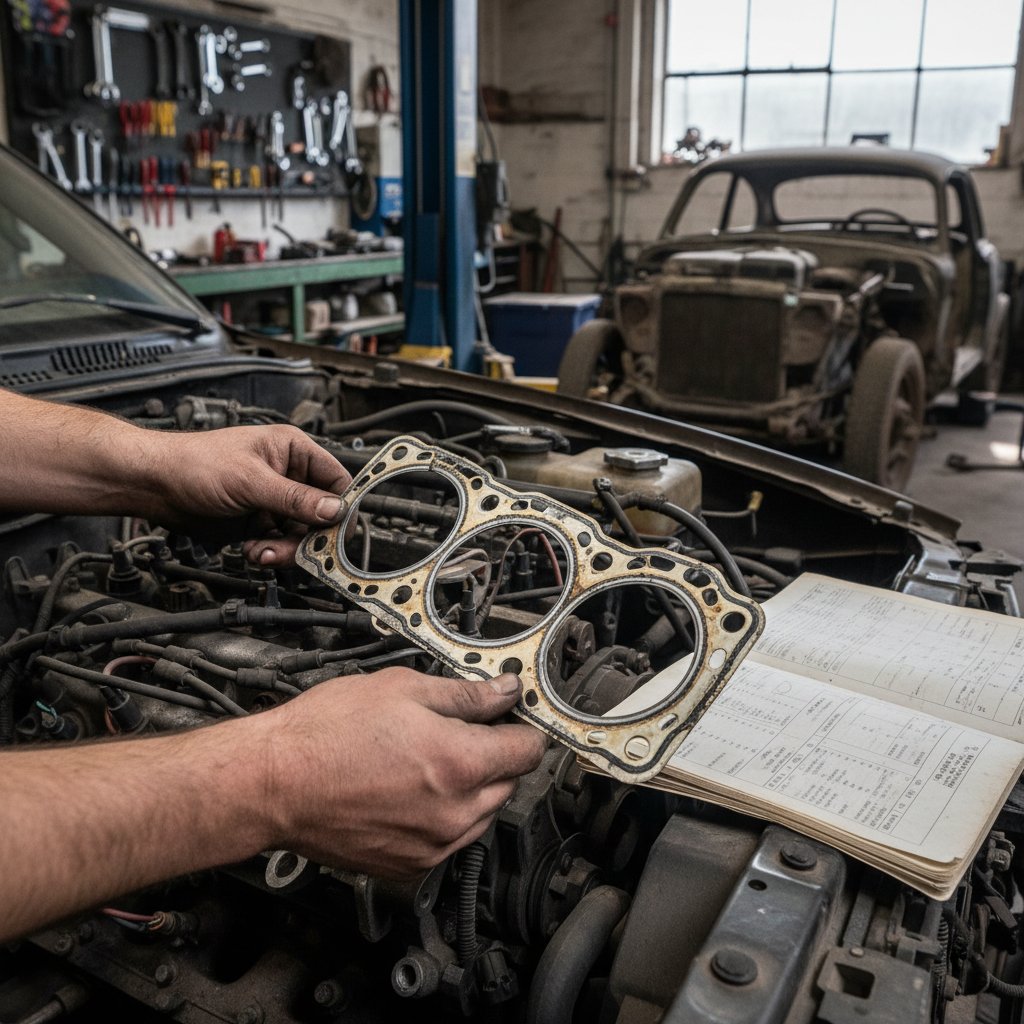 Close-up of cracked engine gasket, mechanic’s hands examining, gritty garage setting, low mileage car mechanical issues