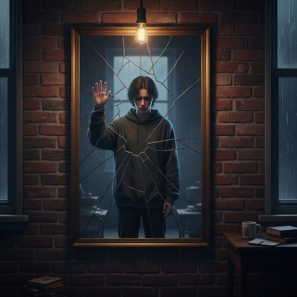 Pęknięte lustro odbijające zamyśloną osobę w polskim mieszkaniu – psychologiczne mechanizmy obronne