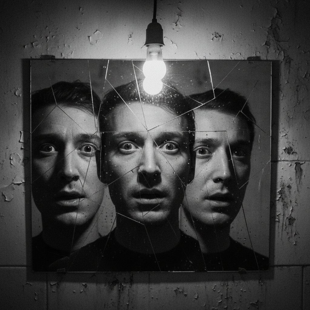 Symbolic photo: character reflected in a cracked mirror, harsh lighting, evoking movie self doubt