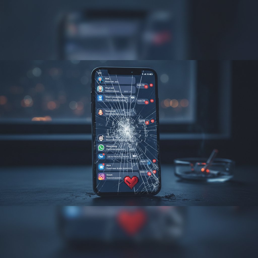 Photo of a cracked smartphone screen displaying unread messages, moody night city backdrop, symbolizing digital wounds in relationships, 16:9