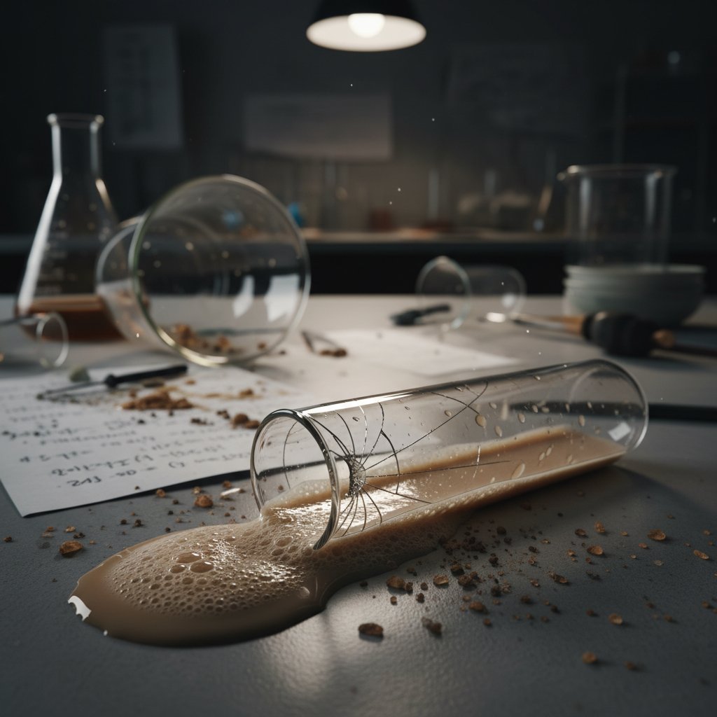 A cracked test tube on a cluttered lab bench, representing failure as a stepping stone to research quality improvement