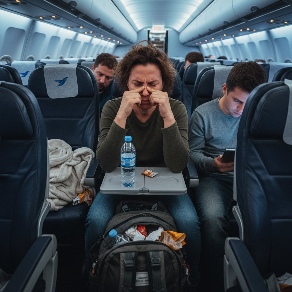 Passenger squeezed in tight airplane seat, looking uncomfortable