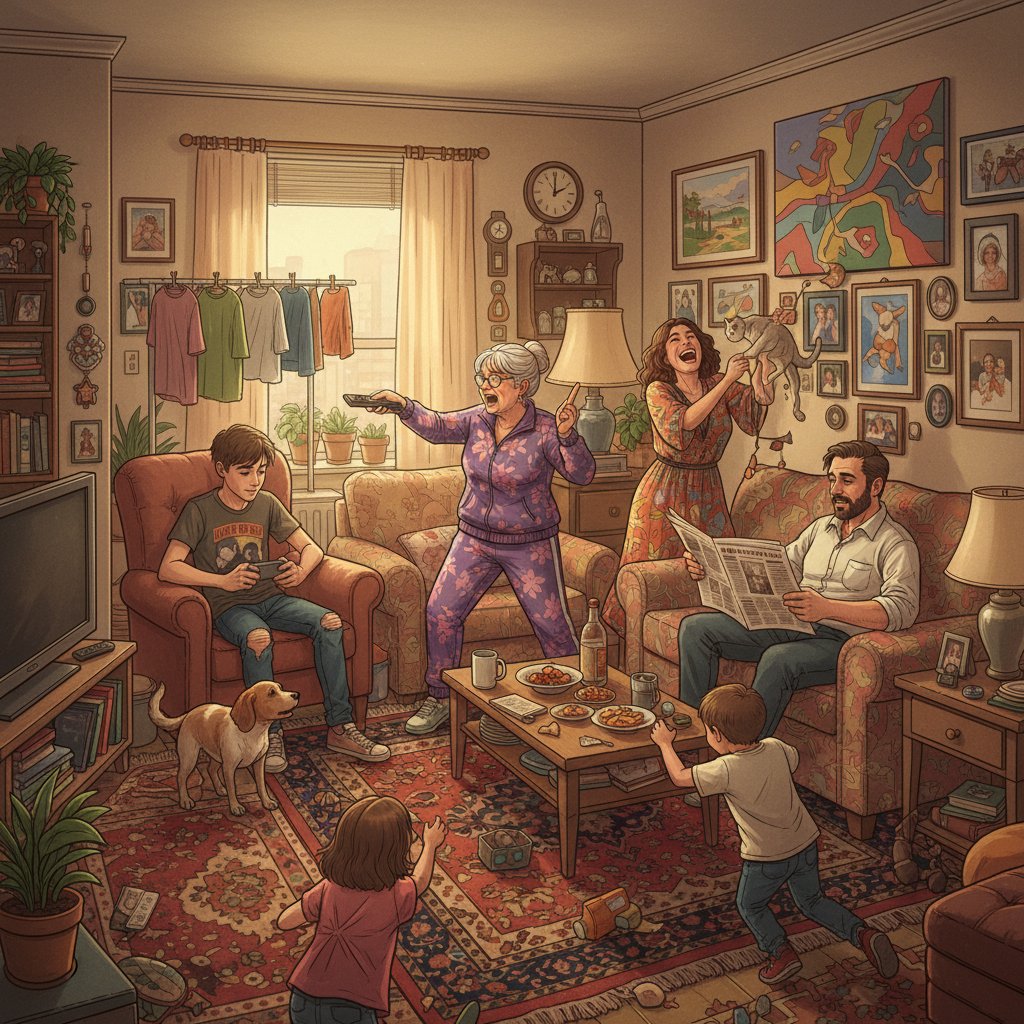 Zdjęcie zatłoczonego, ale żywego salonu rodzinnego z widocznymi indywidualnymi akcentami i różnicami osobowości