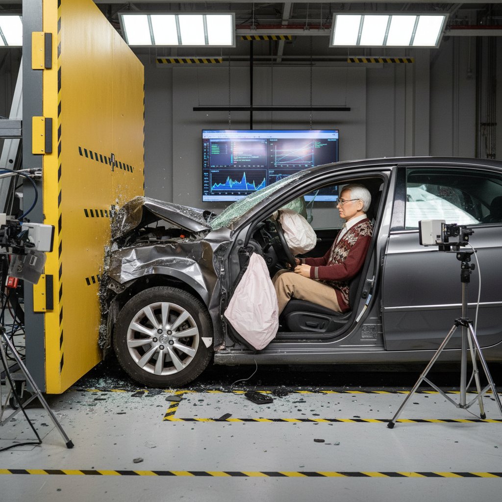 Crash test dummy next to real senior driver, symbolic photo, car crash test facility