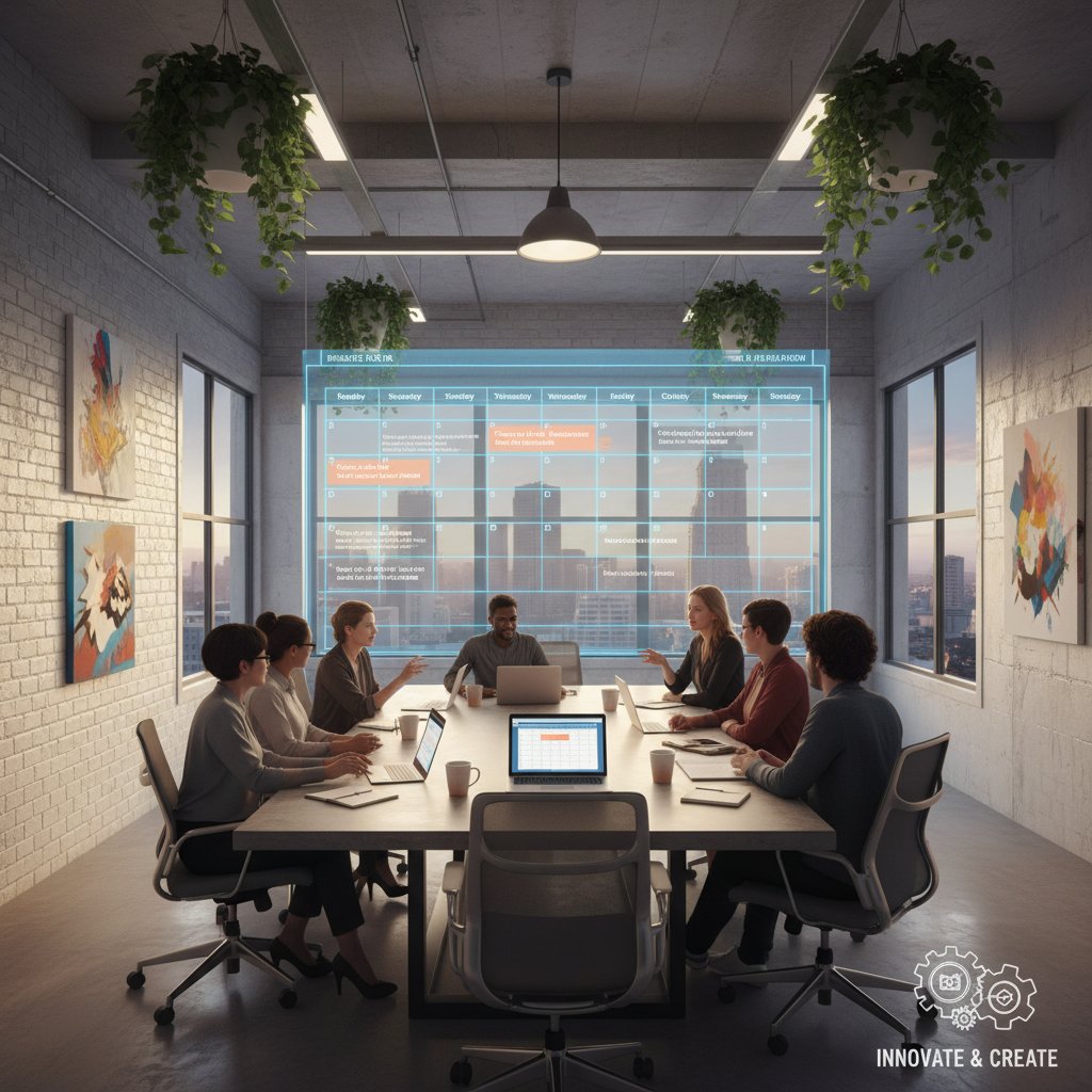 Nowoczesne biuro agencji kreatywnej z zespołem korzystającym z laptopów i ekranu prezentującego kalendarz