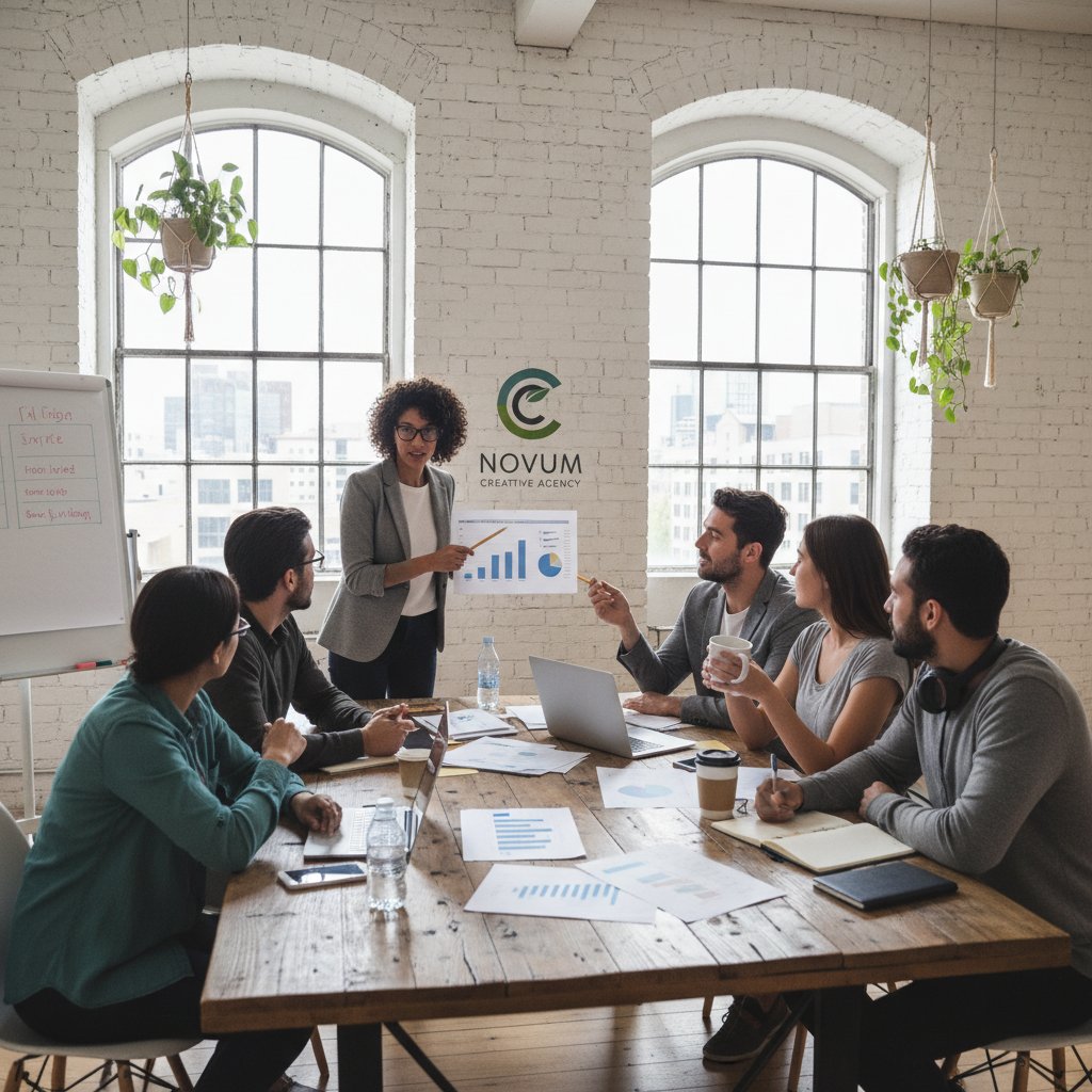Zespół pracujący w biurze agencji kreatywnej, rozmawiający o budżecie projektu