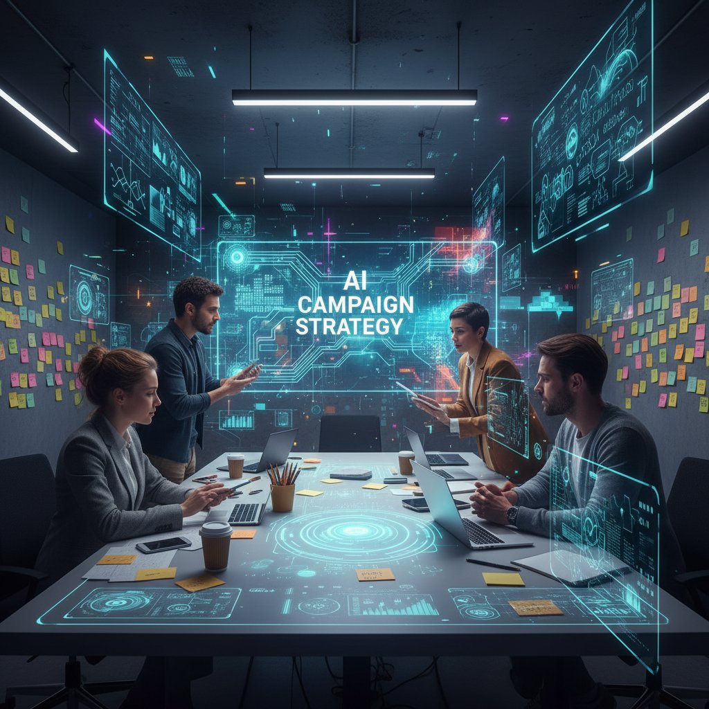 Agencja kreatywna planująca kampanię z pomocą AI, tablica i post-ity – AI Scrum metodologia w marketingu i kulturze