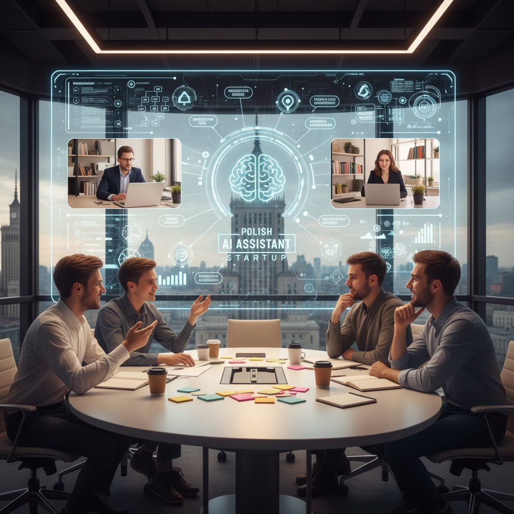 Kreatywna burza mózgów z udziałem AI w polskim startupie, wyraźnie widoczny chatbot na ekranie