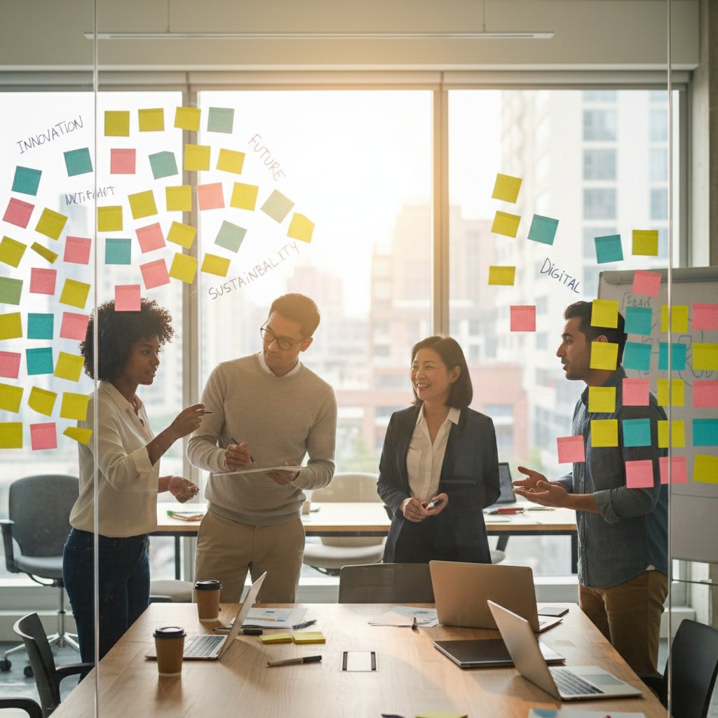 Zespół podczas kreatywnej burzy mózgów, notatki, kolorowe karteczki, śmiech i skupienie