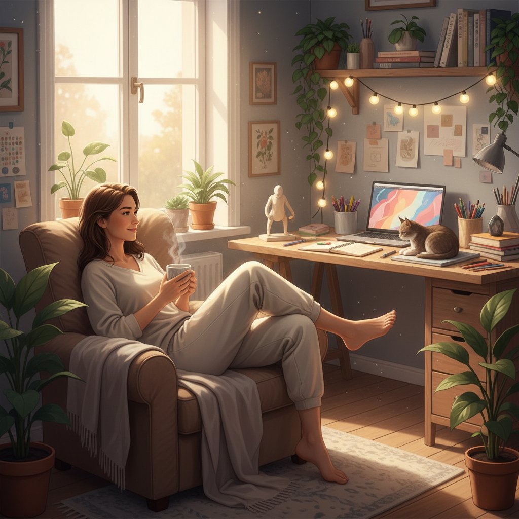 Osoba w trakcie rozmowy online robi krótką przerwę, ćwiczenia rozciągające, relaks w domowym otoczeniu