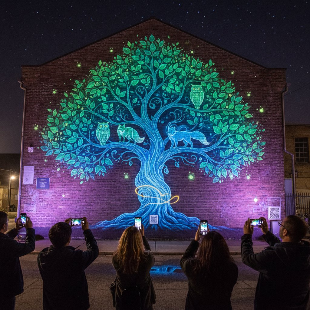 Zespół kreatywny tworzy mural reklamowy w przestrzeni miejskiej, noc, neonowe światła